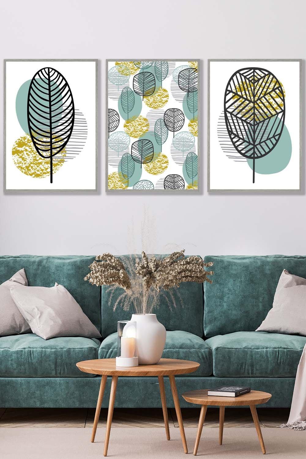 Set of 3 Light Grey Framed Mid Century Floral Pattern in Yellow and Blue Wall Art